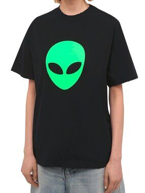 Balenciaga Black Alien-Graphic Distressed Cotton T-Shirt